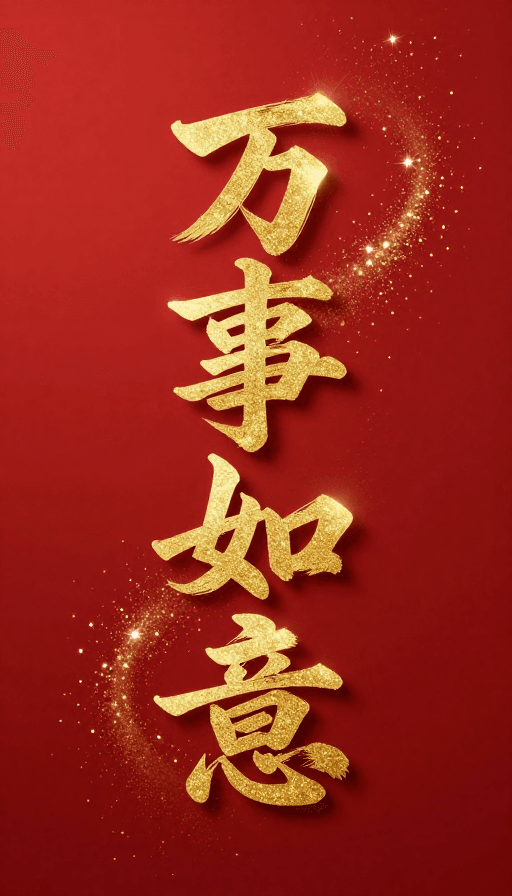 金色粒子素材：金色立体万事如意书法 璀璨喜庆节日祝福