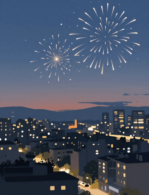 黄昏烟火素材：清冷夜色烟火：极简厚涂城市夜景插画