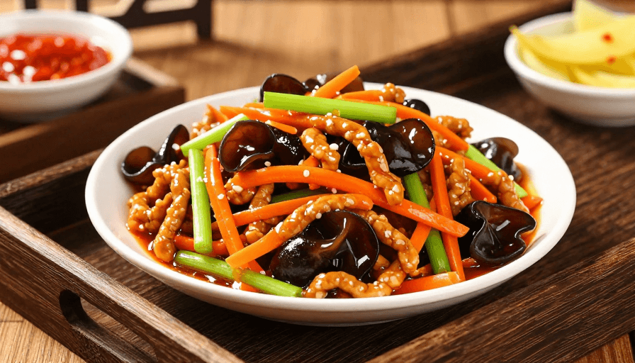 鱼香肉丝素材：精致鱼香肉丝摄影：中式美食广告大片