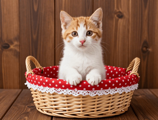 柔光效果素材：萌趣橘猫端坐藤篮 高清商业广告图