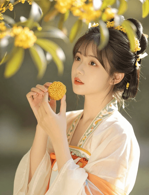 秋季意境素材：秋日暖阳中的唐代女子与桂花糕的朦胧画卷