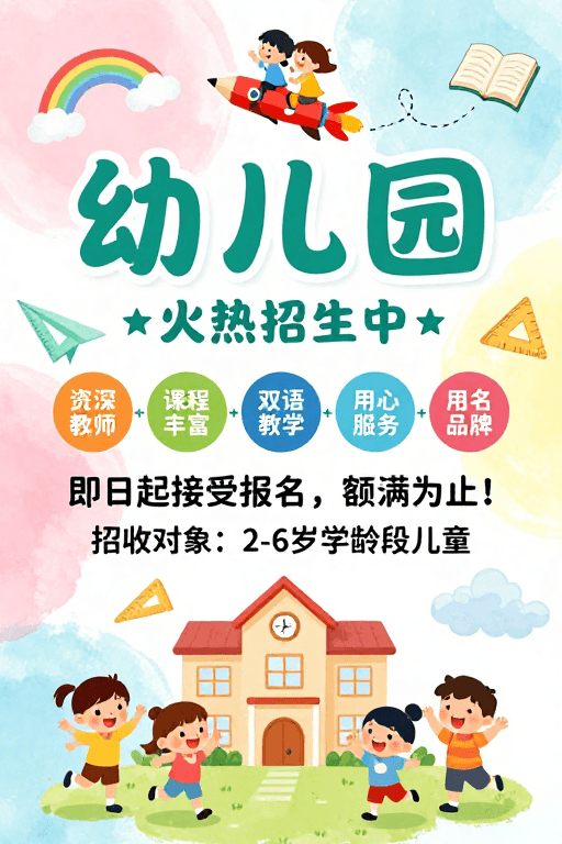 色彩丰富素材：温馨童趣手绘风幼儿园招生宣传海报