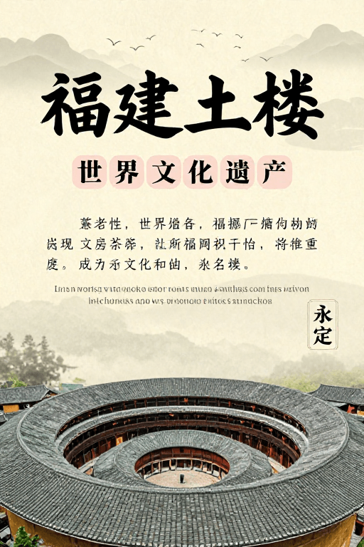 建筑摄影素材：福建土楼水墨风文化宣传海报