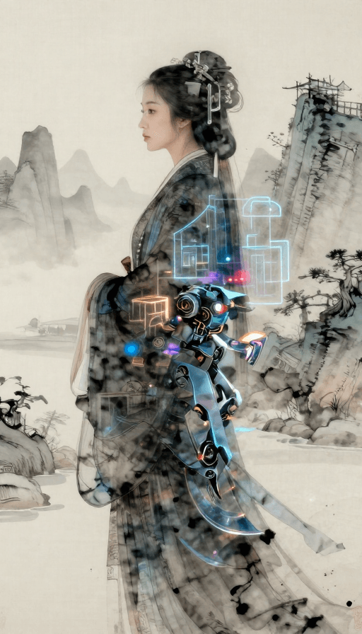 赛博朋克素材：工笔机甲双面影：水墨与霓虹的双重艺术