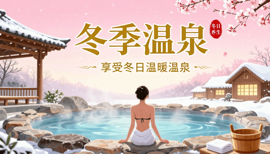 梦幻插画素材：梦幻冬季温泉：温暖治愈的插画海报