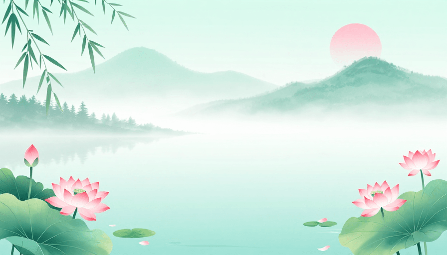 山水背景素材：青粉渐变水墨荷花山水意境背景图