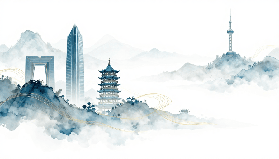 云雾山水素材：青蓝水墨意境与现代建筑交融的东方艺术背景