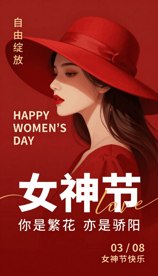 现代质感素材：红金优雅女神节主题插画海报
