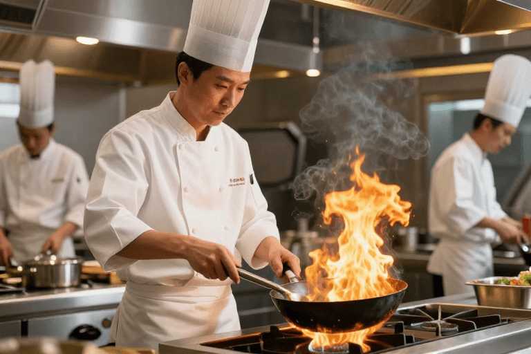 暖色调光影素材：专业亚洲厨师烹饪现场：暖光与烈焰交织的餐饮宣传佳作