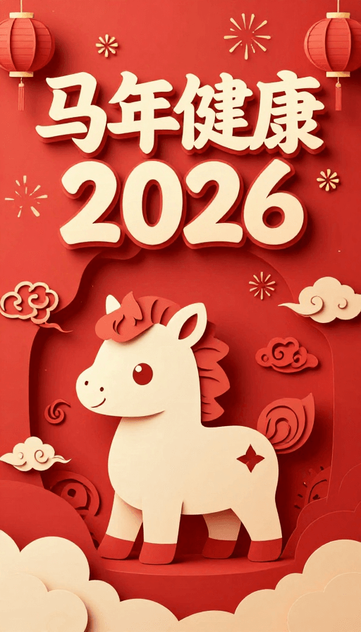 IP形象素材：喜庆剪纸风2026马年健康海报