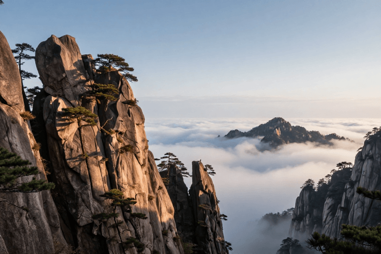高清细节素材：柔光下的黄山奇峰与云海