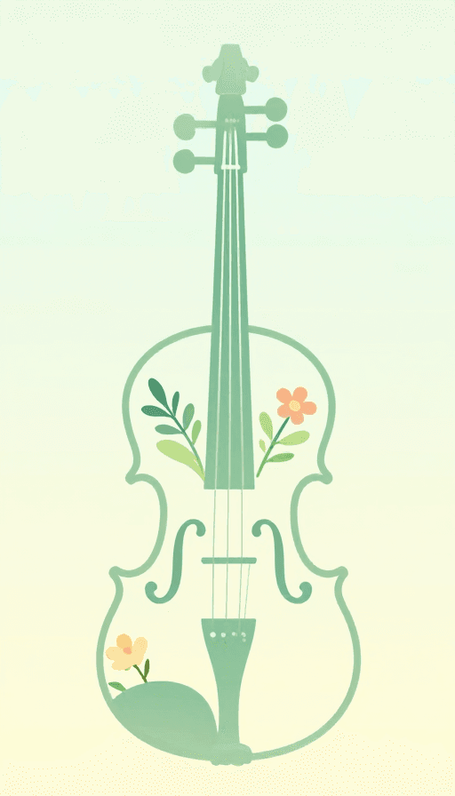 国潮插画素材：春韵国潮：花瓣绿叶勾勒的小提琴意识流