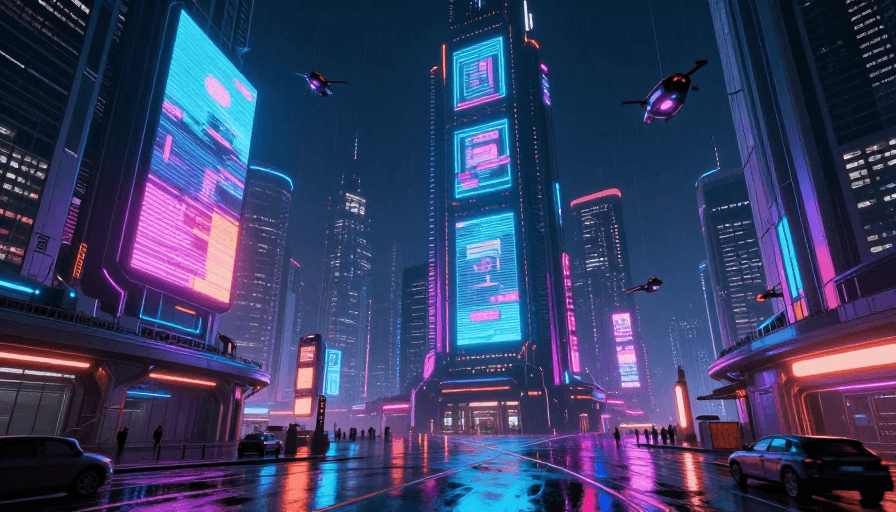 未来都市素材：霓虹光影下的未来赛博都市夜景