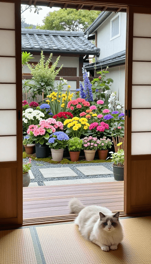 宠物互动素材：蓝眼布偶猫卧于繁花日式庭院