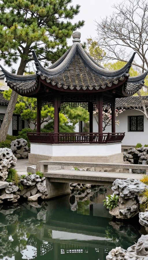 古典园林素材：古典园林雅韵：亭台楼阁与四季花卉交响