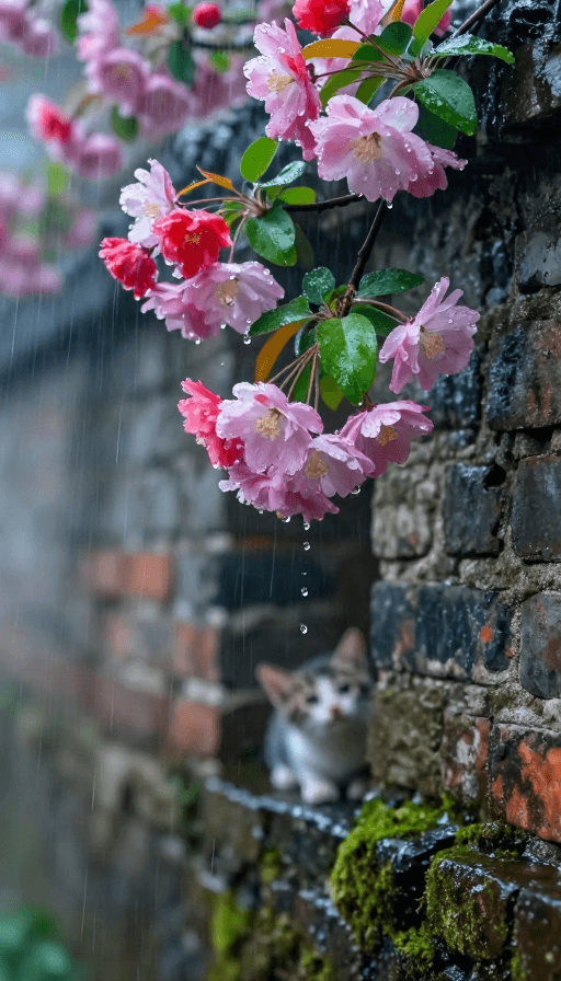 小奶猫视角素材：雨中海棠与奶猫：静谧角落的梦幻画卷