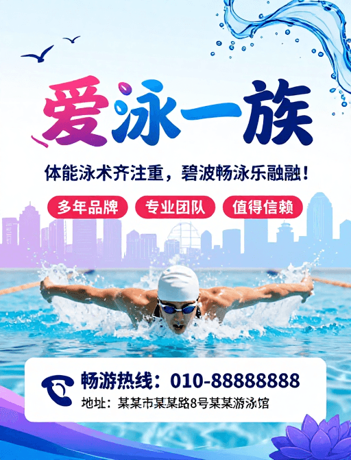 城市剪影背景素材：夏日活力游泳馆清新动感海报
