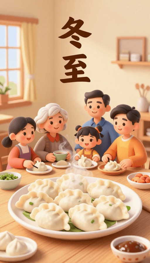 节日美食素材：冬至团圆宴：3D动画中家人与饺子的温馨时刻