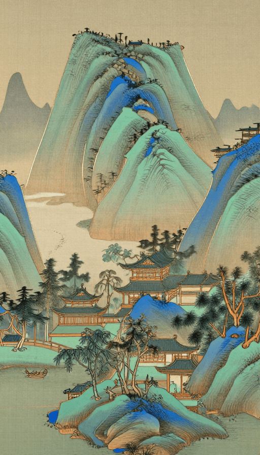 高清晰度素材：金线勾勒的蓝绿山水：传统工笔意境
