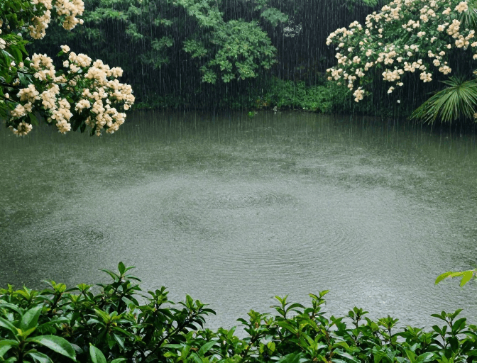 环保宣传素材：冷色调雨中池塘，静谧自然生态意境