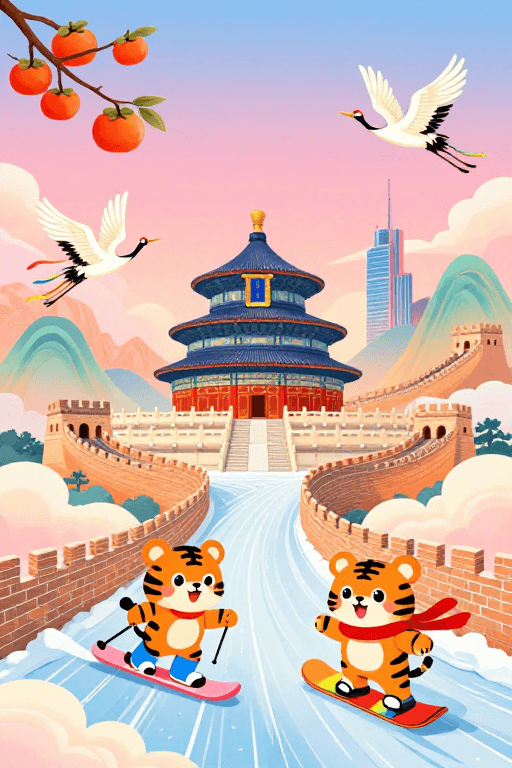 城市天际线素材：童话风雪景中的传统建筑与现代融合插画