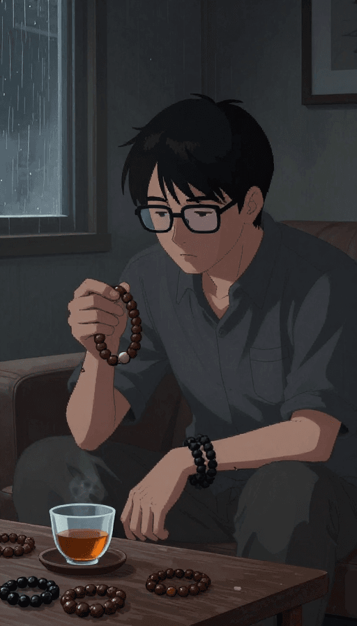 文玩手串素材：像素日式孤男特写：文玩与暗光下的忧郁瞬间