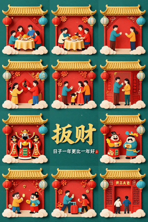 剪纸艺术素材：剪纸融合新春海报系列：春节习俗文化宣传