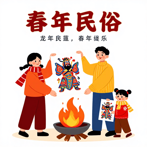 家庭团圆素材：春节民俗插画：家人围炉共庆团圆时刻