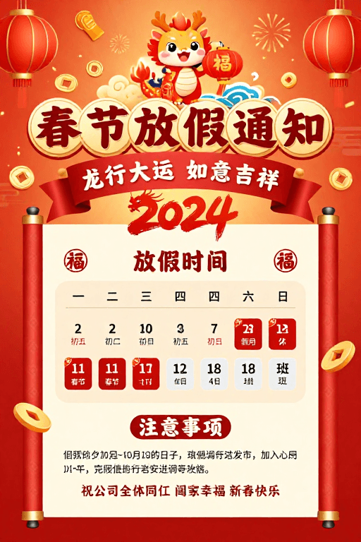 喜庆设计素材：红金中国风春节放假通知海报