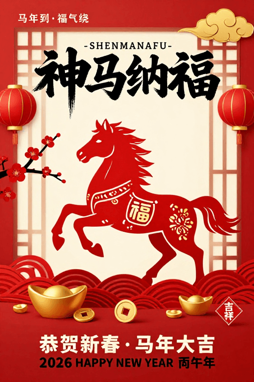 新年祝福素材：传统剪纸骏马福字红色春节海报