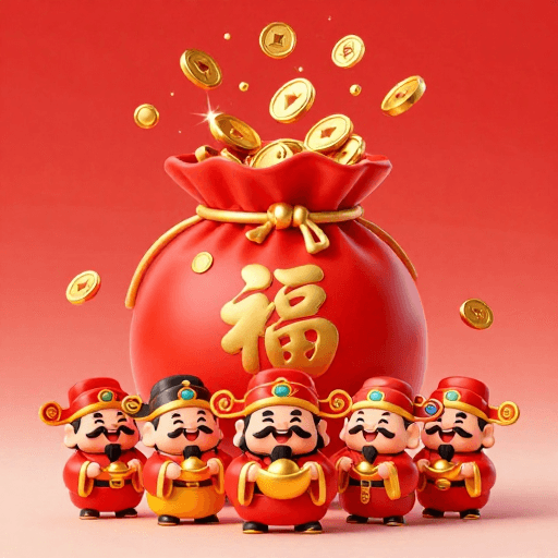 财神爷素材：新春喜庆卡通财神与福袋金币图