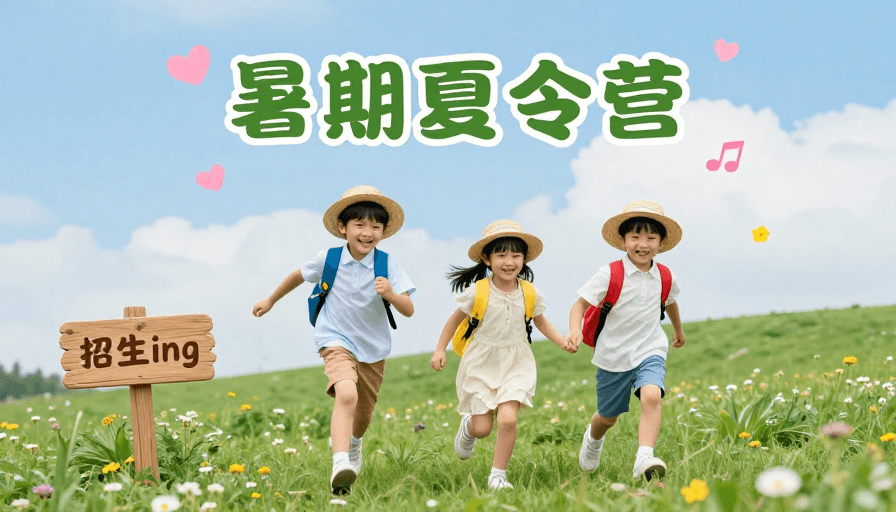 儿童活动素材：夏日童趣：三个孩子快乐奔跑的暑期夏令营清新广告