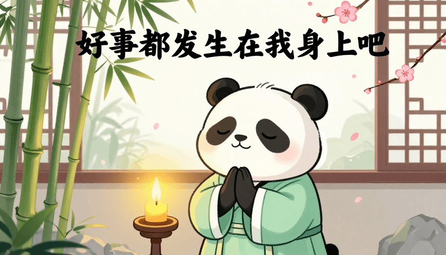 毛笔书法素材：古风熊猫闭眼祈愿，桃花竹影伴好事降临