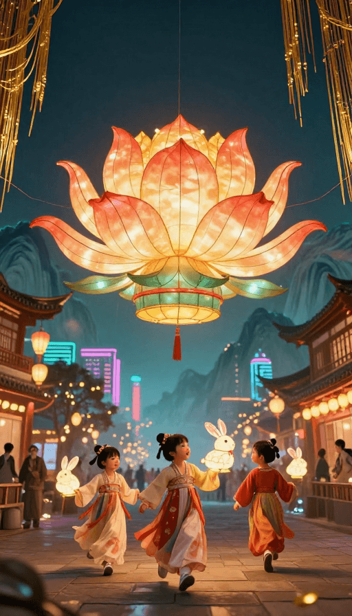 国潮插画素材：国潮元宵夜宴：汉服童趣与霓虹城市交融盛景