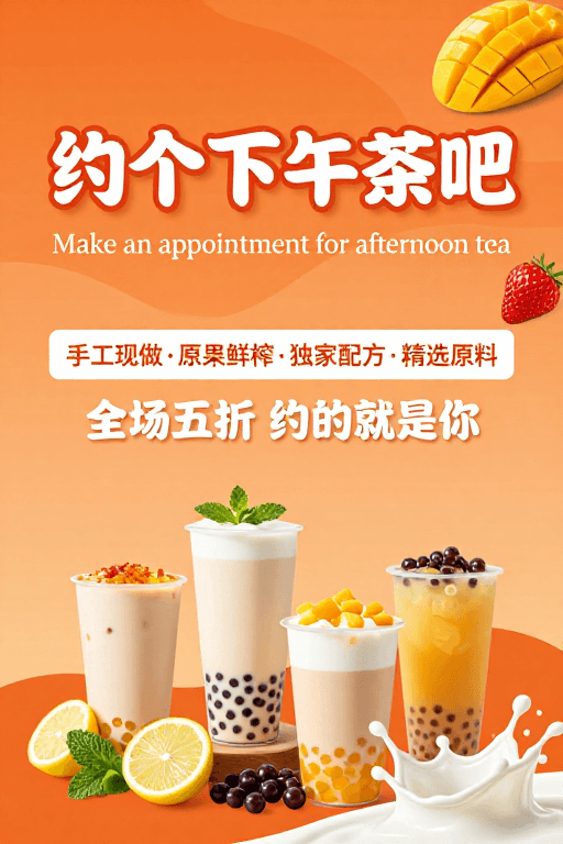 鲜果搭配素材：橙调午后：手工鲜榨奶茶五折邀约