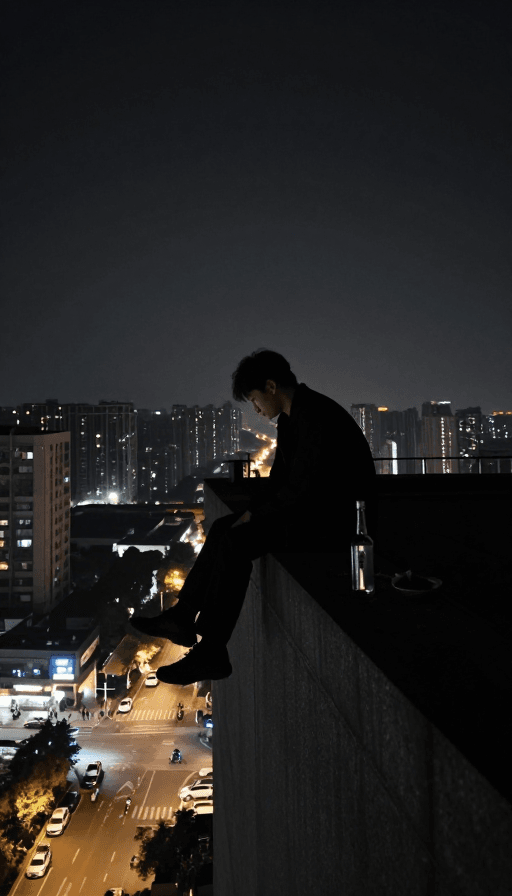 孤独素材：都市夜雨中的孤独身影：高楼楼顶的沉思