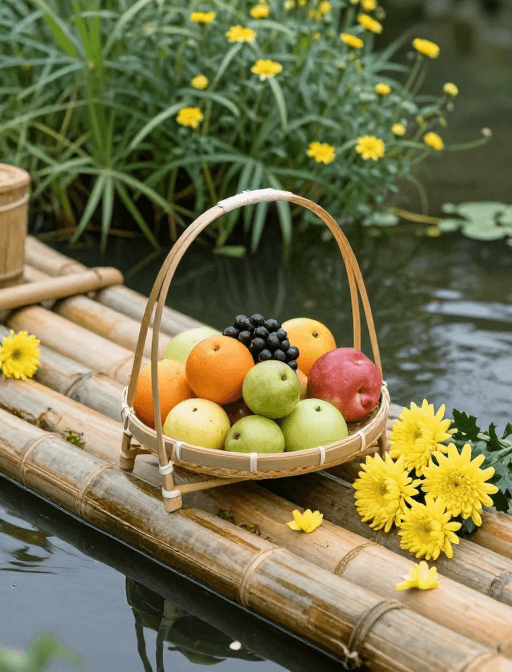 夏季素材：夏日竹排水果篮与菊花水景自然风光摄影