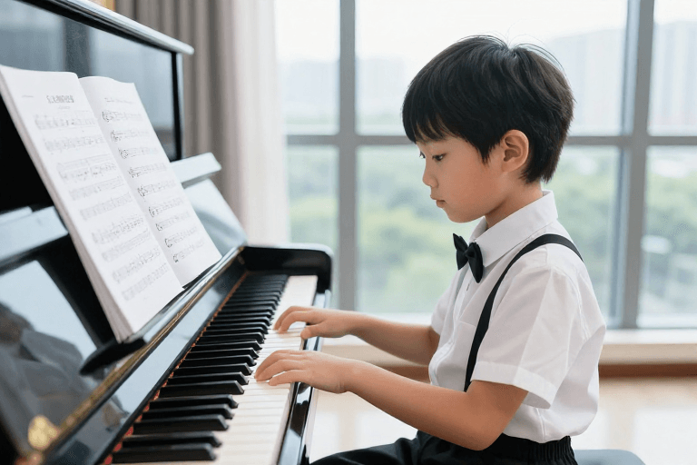 高清细节素材：专注琴键：亚洲男孩黑白琴键G大调练习曲