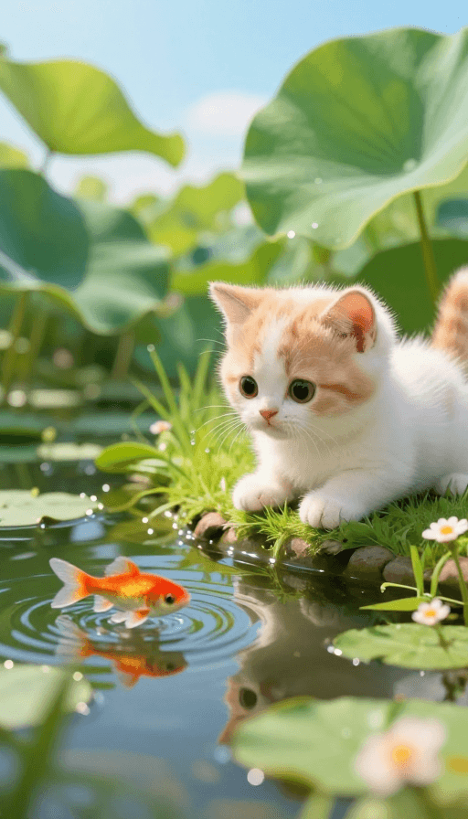 萌宠素材：萌趣小猫与池塘小鱼：治愈系夏日午后