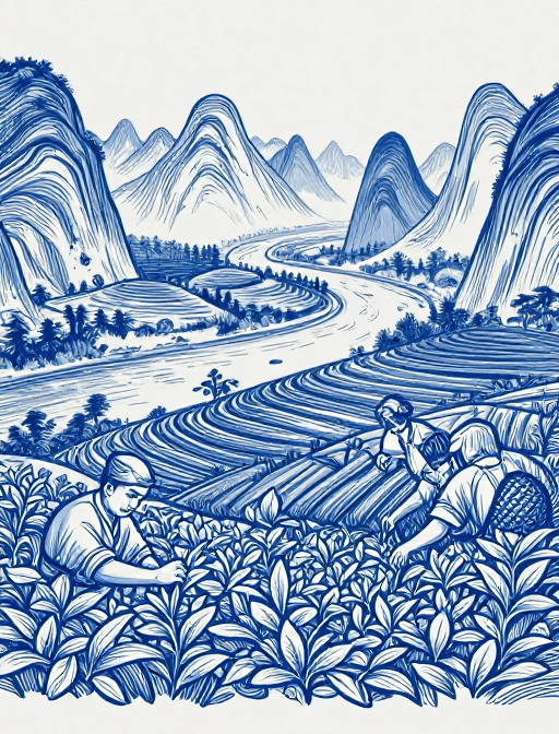 文化素材素材：靛蓝线描茶山采茶：雕刻风插画中的山水意境