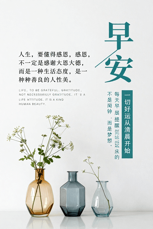 晨间励志素材：莫兰迪色极简晨间海报：早安·感恩生活态度