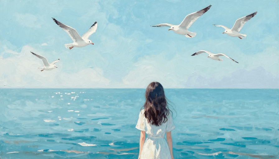 青蓝色调素材：青蓝梦境：超现实海边的少女背影