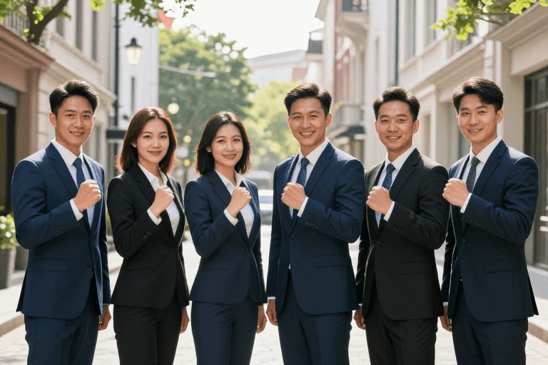 商务精英素材：六位商务精英携手共进，城市街景中的团结力量