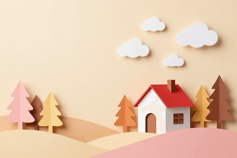 层叠丘陵素材：纸艺剪纸：温馨童话小屋与秋日暖景插画