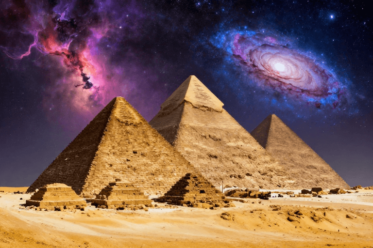 超现实主义摄影素材：吉萨金字塔与壮丽星空：历史与科幻交融的极致光影