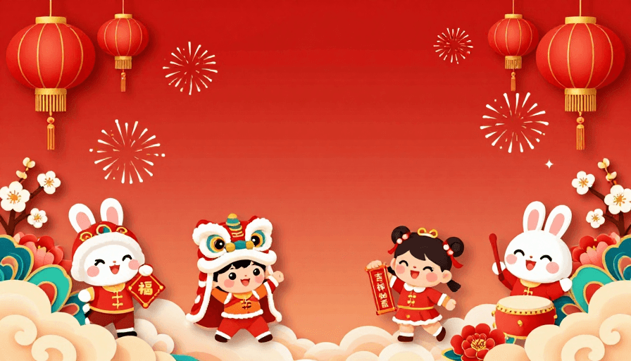 扁平卡通风格素材：喜庆中国风新年插画背景，融合传统与现代童趣