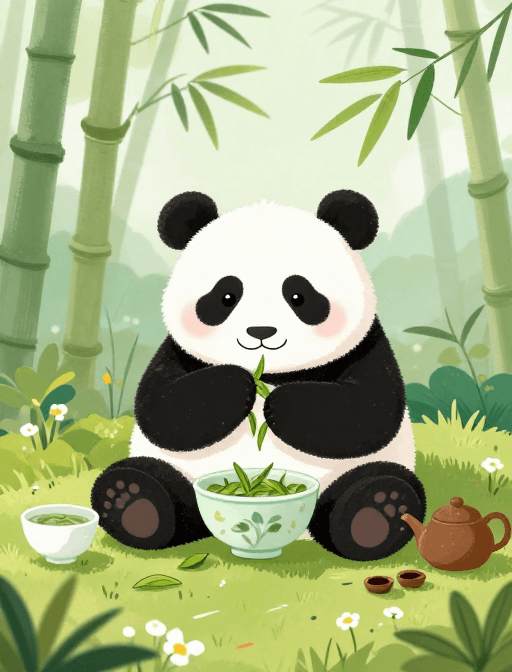 8K高清素材：春日成都治愈之旅：熊猫茶韵插画风光