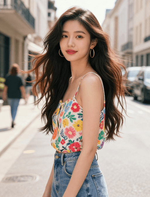 社交媒体分享素材：法式街头治愈美照：长发少女与明亮色彩的邂逅