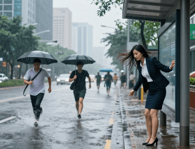 夏日暴雨素材：深圳夏日骤雨：街头疾行与公交避险瞬间