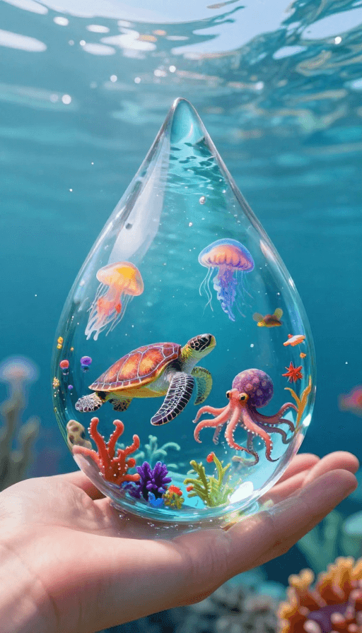 高清晰度素材：手掌托举微缩海洋：五彩水滴中灵动游弋的海洋生物